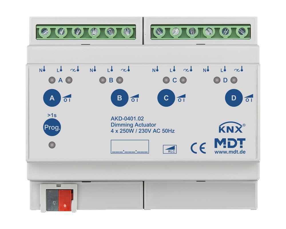 MDT AKD-0401.02 - Actionneur de variation quadruple, 6SU MDRC, 250 W, 230 V AC, avec mesure de puissance active