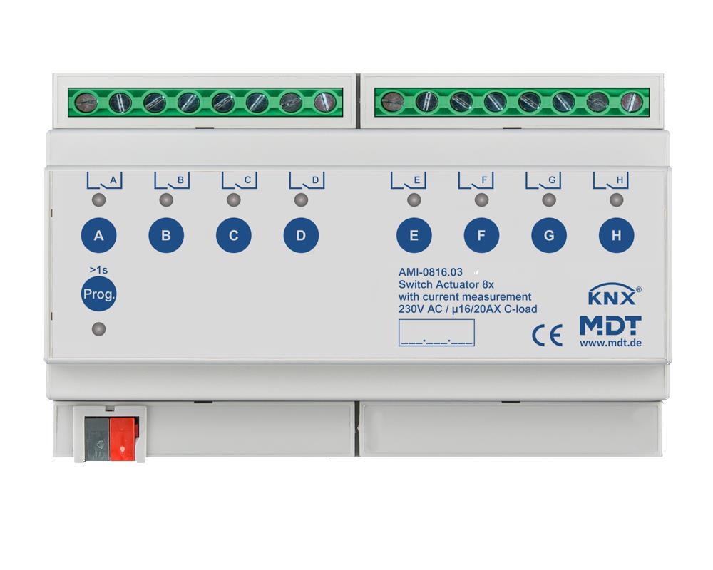 MDT AMI-0816.03 - Actionneur de commutation 8 canaux, 8SU MDRC, 16/20 A, 230 V AC, charge C, industrie, 200 μF, mesure de courant