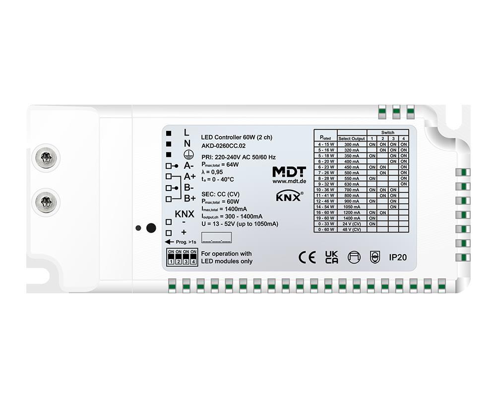 MDT AKD-0260CC.02 - Contrôleur LED CC/CV 60 W / 230 V 2 canaux