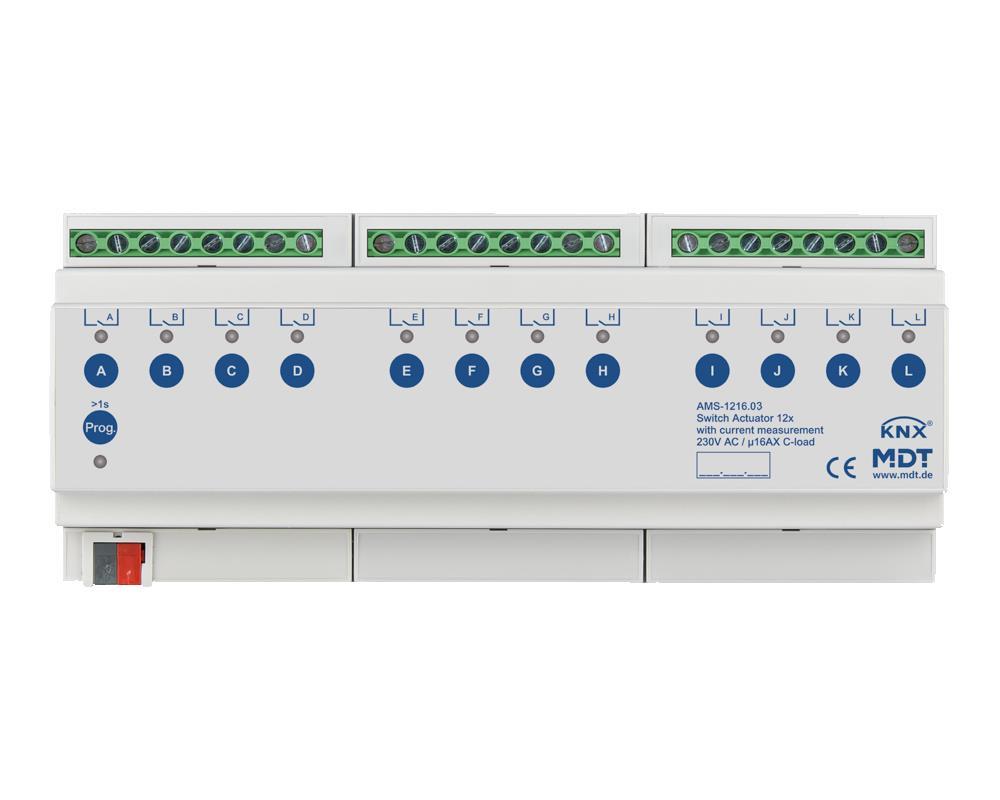 MDT AMS-1216.03 - Actionneur de commutation 12 canaux, 12SU MDRC, 16 A, 230 V AC, charge C, standard, 140 μF, mesure de courant