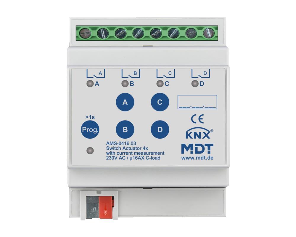 MDT AMS-0416.03 - Actionneur de commutation quadruple, 4SU MDRC, 16 A, 230 V AC, charge C, standard, 140 μF, mesure de courant