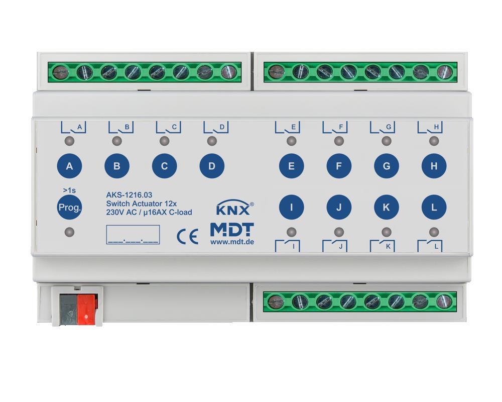 MDT AKS-1216.03 - Actionneur de commutation 12 canaux, 8SU MDRC, 16 A, 230 V AC, charge C, standard, 140 μF
