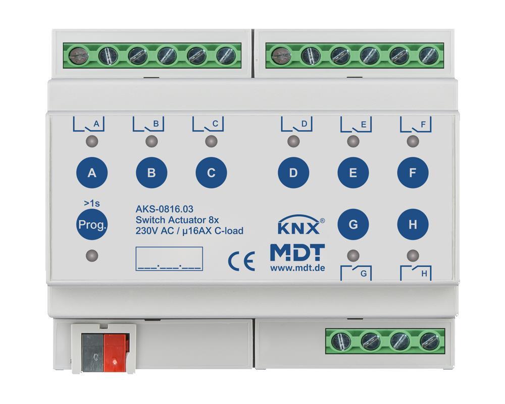 MDT AKS-0816.03 - Actionneur de commutation octuple, 6SU MDRC, 16 A, 230 V AC, charge C, standard, 140 μF