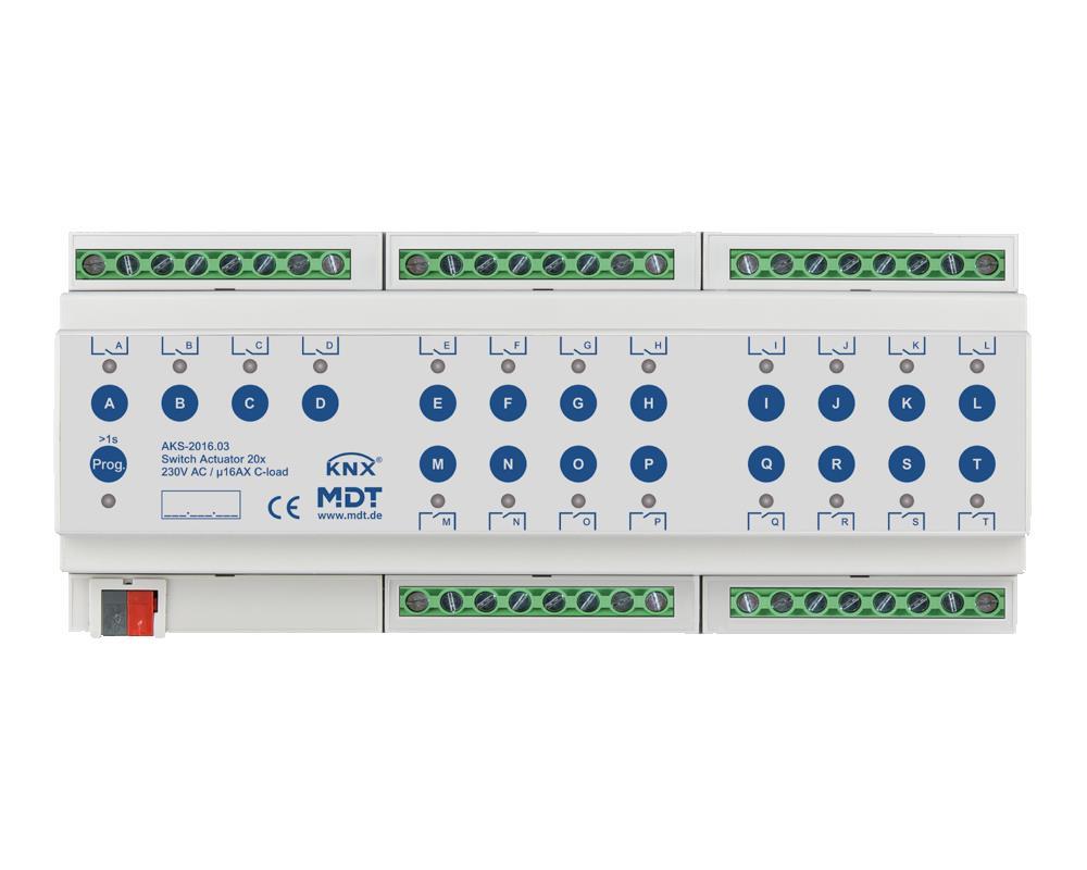 MDT AKS-2016.03 - Actionneur de commutation 20 canaux, 12SU MDRC, 16 A, 230 V AC, charge C, standard, 140 μF