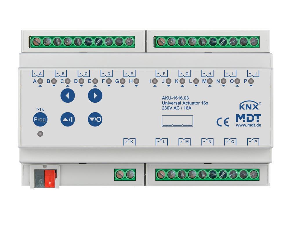 MDT AKU-1616.03 - Actionneur universel 16 canaux, 8SU MDRC, 16 A, 230 V AC, 100 μF, 15 ECG