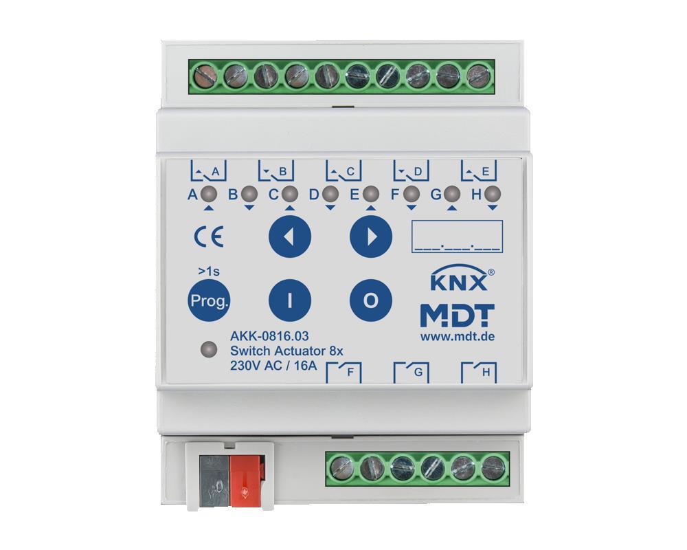 MDT AKK-0816.03 - Actionneur de commutation 8 canaux, 4SU MDRC, 16 A, 230 V AC, compact, 70 µF, 10 ECG