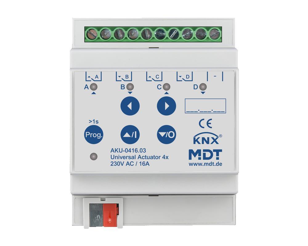 MDT AKU-0416.03 - Actionneur universel quadruple, 4SU MDRC, 16 A, 230 V AC, 100 μF, 15 ECG