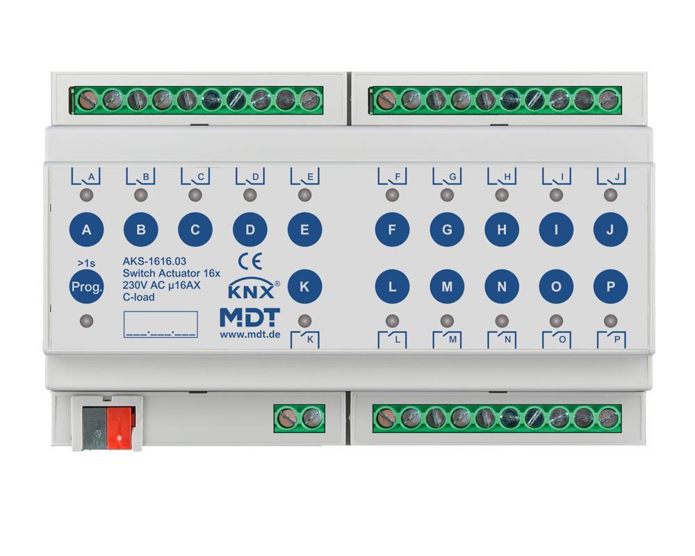 MDT AKS-1616.03 - Actionneur de commutation 16 fois, 8SU MDRC, 16 A, 230 V AC, charge C, standard, 140 µF