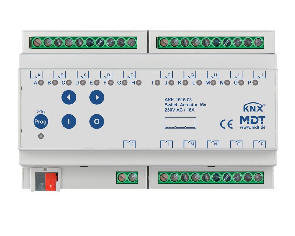 MDT AKK-1616.03 - Actionneur de commutation 16 canaux, 8SU MDRC, 16 A, 230 V AC, compact, 70 µF, 10 ECG